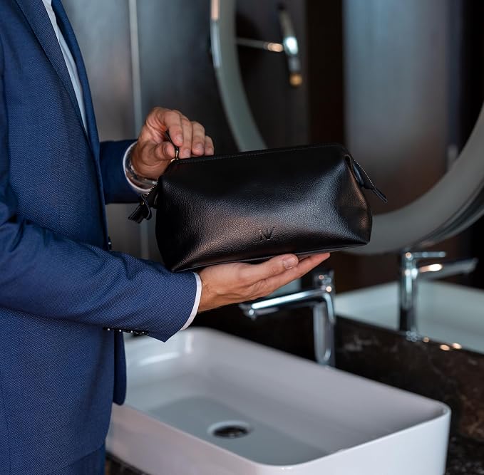 NV Holders Premium Genuine Leather Toiletry Bag for Men - The Ultimate Travel Dopp Kit and Hygiene Organizer, Perfect Men's Toiletry Travel Bag (Black) - Image 6