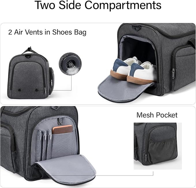Hanke 2 In 1 Carry On Garment Duffle Bag with Shoe Compartment, Dark Grey | 55L Large Capacity with Multi-Pockets & Shoulder Strap, Wrinkle-Free, Water-Resistant, Portable Weekender for Business - Image 3