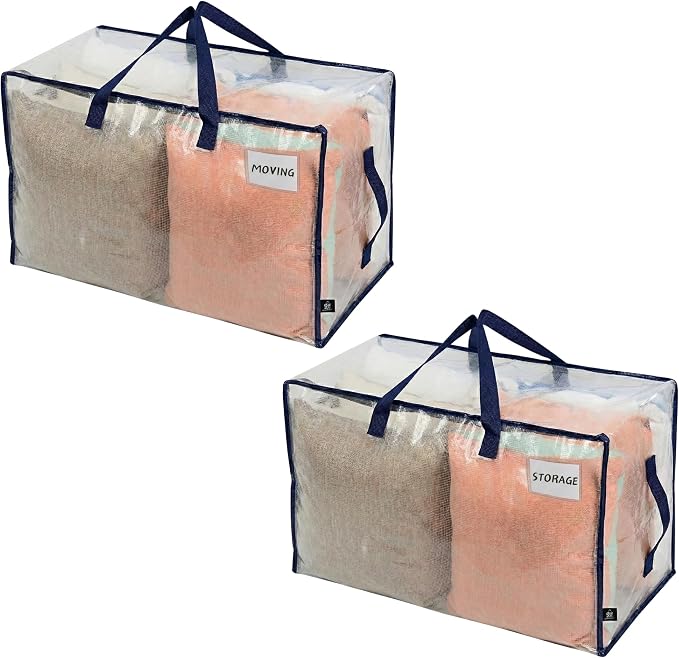 VENO 2 Pack Clear Extra Large Moving Bags & Storage Totes, Heavy Duty Organizer with Reinforced Handles & Strong Zippers for Clothes, College Dorm Essentials, Moving Supplies by Veno