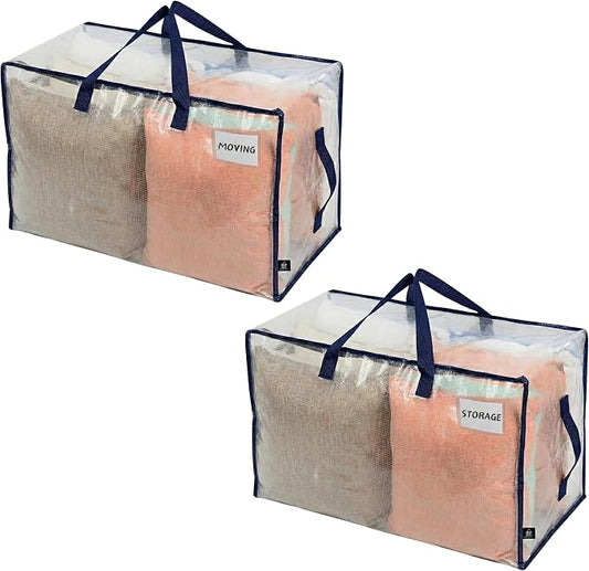 VENO 2 Pack Clear Extra Large Moving Bags & Storage Totes, Heavy Duty Organizer with Reinforced Handles & Strong Zippers for Clothes, College Dorm Essentials, Moving Supplies by Veno
