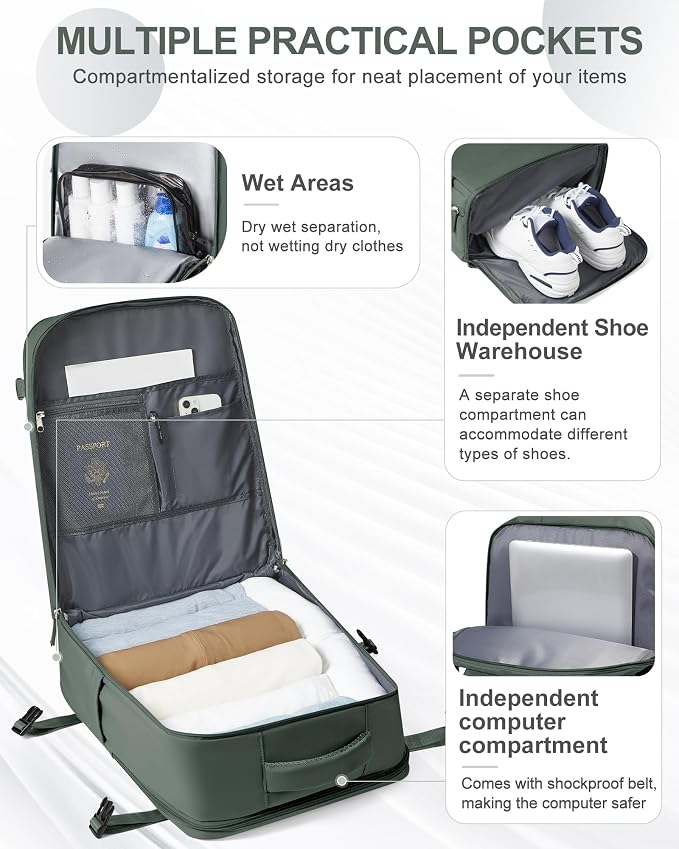 coowoz Large Travel Backpack Carry On for Women Man Waterproof Gym Backpacks Mochila de Viaje Teacher Travel Bag Essentials Personal Item Backpack Rucksack Airplane Accessories Must Haves Olive Green - Image 5