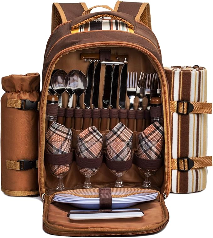 Apollo Walker Picnic Backpack Bag for 4 Person with Cooler Compartment,Wine Bag, Picnic Blanket(45"x53"),Best for Family and Lovers Gifts (Brown) by apollowalker