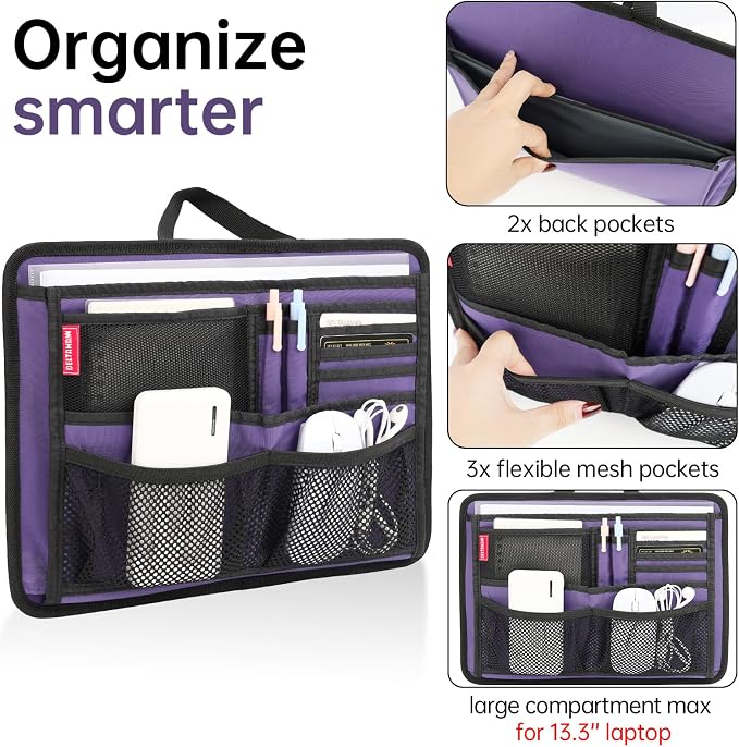 Slim Rugged Organizer Insert for Briefcase Messenger Tote Bag-13 Pockets,Durable Padded Nylon,Handle - Purple - Image 3