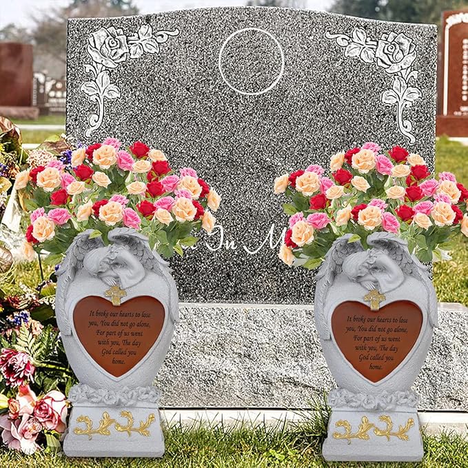 Angel Garden Statue Outdoor Decor, Cemetery Vase with LED, Family Garden Memorial Statue, Crying Angel (White) with Solar Lights