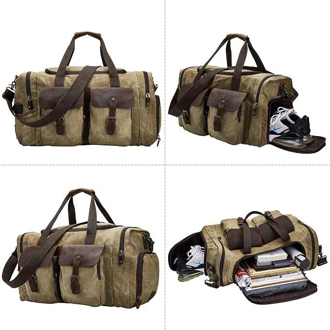 Waxed Canvas Duffel Bag with Shoe Compartment | Waxed Canvas Travel Bag for Men, Genuine Leather Trim, Shoe Compartment, Front Pockets, Weekend, Overnight and Carry-On Use - Image 9
