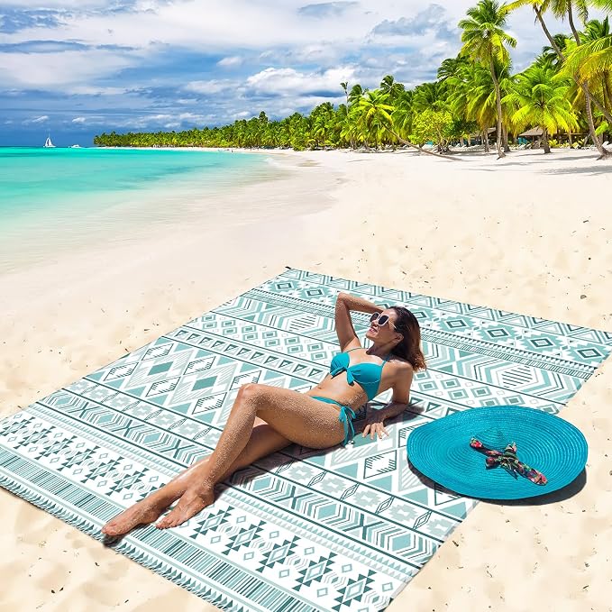 HIHOHO Beach Blanket Waterproof Sandproof Beach Mat for 1-8 Adults Quick Drying Durable Outdoor Picnic Mat for Beach Festival Travel Camping Hiking (Vintage-Green, 79"×83"(4 Person)) - Image 2