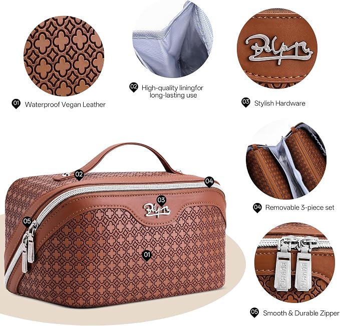 BOYATU Travel Makeup Bag for Women: Four Leaf Clover Large Capacity 3 Pcs Set Cosmetic Bags - Waterproof 50% Extra Space for Toiletry Organizer - Travel Essentials for Fortunate (10 Red Brown) - Image 3