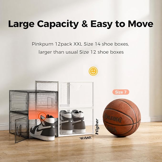 Pinkpum XXL Larger Shoe Storage Boxes Fit Size 14, Clear Plastic Stackable Shoe Organizer 12 Pack Sneaker Storage for Sneakerheads Shoe Containers, 6.8“ Height for High Shoes - Image 4
