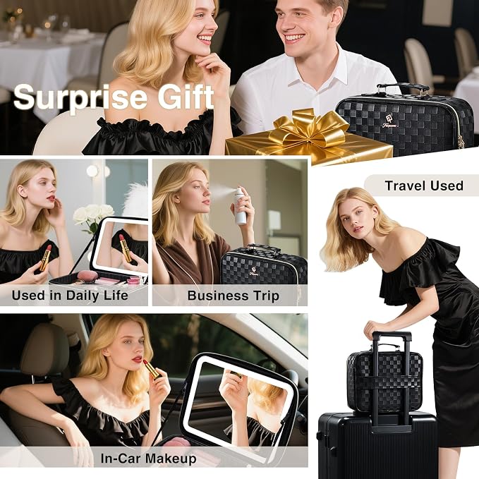 Faquenc Makeup Bag with LED Lighted Mirror 12.2 IN Travel Makeup Bag Adjustable Brightness in 3 Colors Cosmetic Organizer Artist Storage Bag with Dividers Brush Holder Bag Vanity Black Checkerboard - Image 8