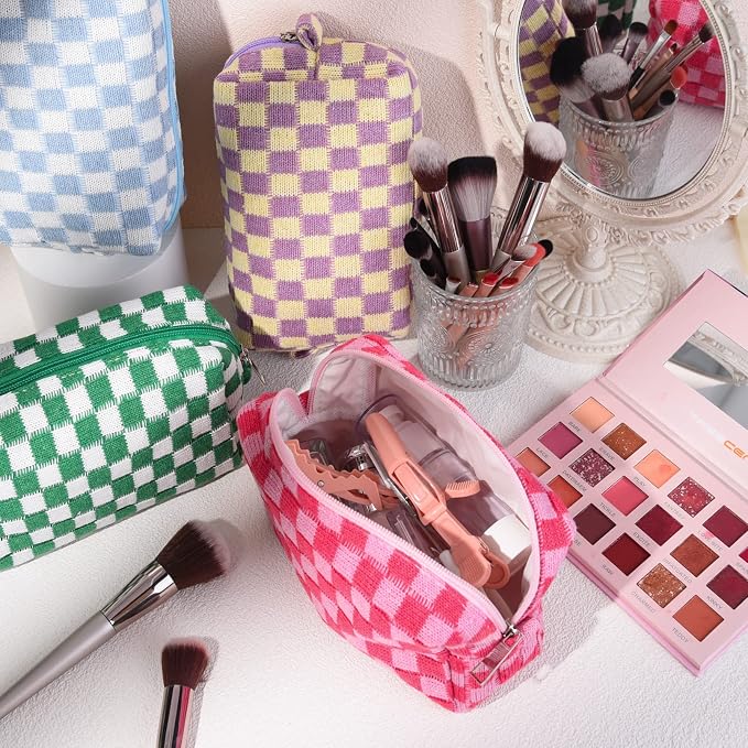 SOIDRAM 6 Pcs Checkered Makeup Bag Preppy Cosmetic Bag Bulk Pink Black Makeup Pouch Personalize Travel Toiletry Bag Organizer Cute DIY Makeup Brushes Storage Bag for Women - Image 2
