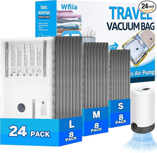 24 Packs Vacuum Bags for Travel with Rechargeable Pump, 3 Sizes Vacuum Seal Bags for Clothing, Compression Vacuum Travel Bags for Luggage, Vacuum Packing Bags for Closet Organization by Wfiia