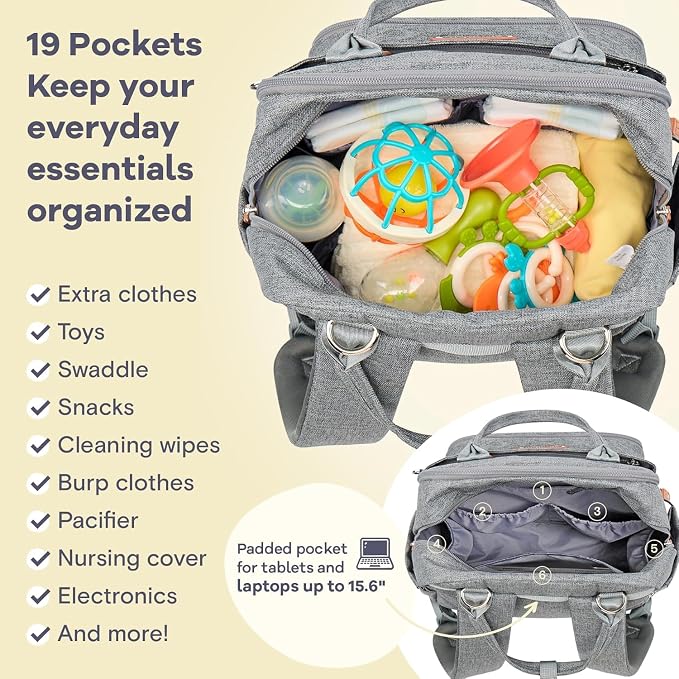 RUVALINO Diaper Bag Backpack-Expandable Baby Bag with up to 50% Capacity -Baby Essentials Bag with Changing Pad Insulated Bottle Holders & Pacifier Case, Waterproof, Gray XL - Image 5