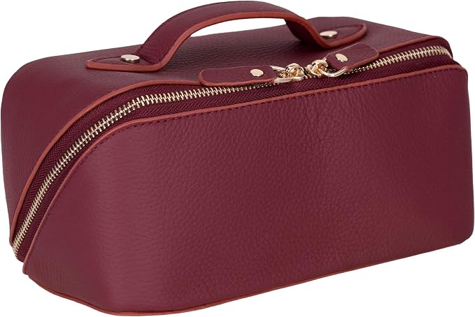 VENOULT Makeup Bag, Spacious Cosmetic Case for Women, Portable 180° Wide-Open Flat Cosmetic Bag, Travel Toiletry Organizer with Handle, Hanmdade, Full Grain Genuine Turkish Leather (Maroon) by VENOULT