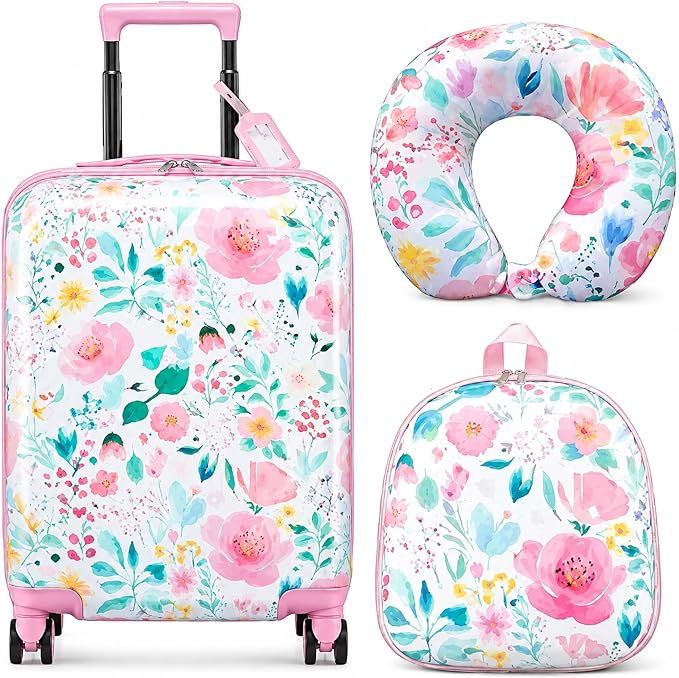 Sanwuta 4 Pcs Kids Luggage Set Back to School Gifts for Girls Boys Carry On Rolling Suitcase Backpack Neck Pillow Travel Set(18 Inch,Flower Style,Pink Green) by Sanwuta