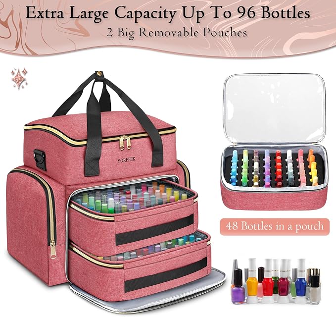 YOREPEK XL Nail Polish Organizer Case for 96 to 100+ Bottles, Pink | Nail Organizer With 96 Slots Foam Inserts, Travel Nail Tech Carrying Case with Adjustable Space for Gel Dip Powder Tips Set - Image 3