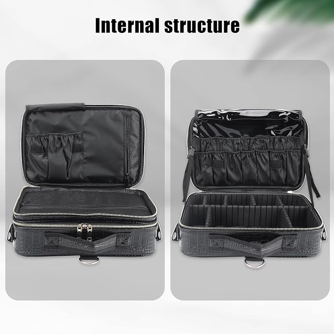 Travel Makeup Train Case,Large Capacity Cosmetic Bags for Women,Portable Makeup Bag Organizer with Adjustable Dividers & Shoulder Strap (Crocodile Pattern Black,Medium) - Image 5