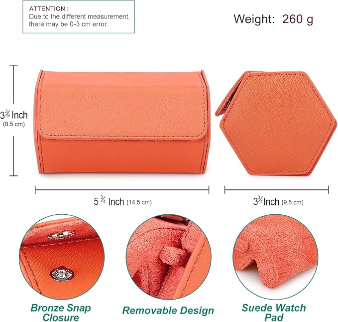 Hiram Genuine Leather Saffiano Watch Roll Travel Case, Leather 2-Watches Roll Case for Treasured Watches and Bracelets(Orange) - Image 2