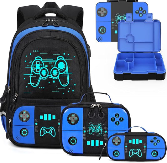 Bevalsa Backpack for Boys with 43OZ Bento Lunch Box,Insulated Lunch Bag & Pencial Case,Cool Luminous Gamer Schoolbag for Kids Teens Elementary Middle School,Bookbag Glow In The Dark by Bevalsa