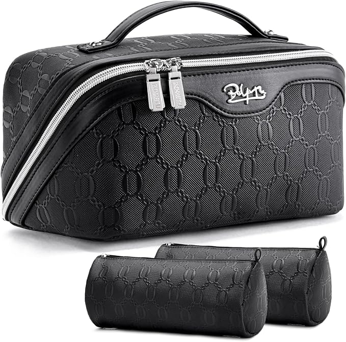 BOYATU Travel Makeup Bag for Women: Cosmetic Organizer Bag with Compartments - Leather Make up Bags Set of 3 (G-4-Black) by BOYATU