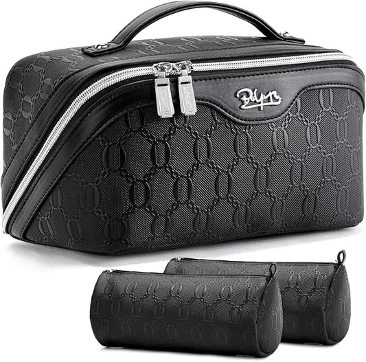 BOYATU Travel Makeup Bag for Women: Cosmetic Organizer Bag with Compartments - Leather Make up Bags Set of 3 (G-4-Black) by BOYATU