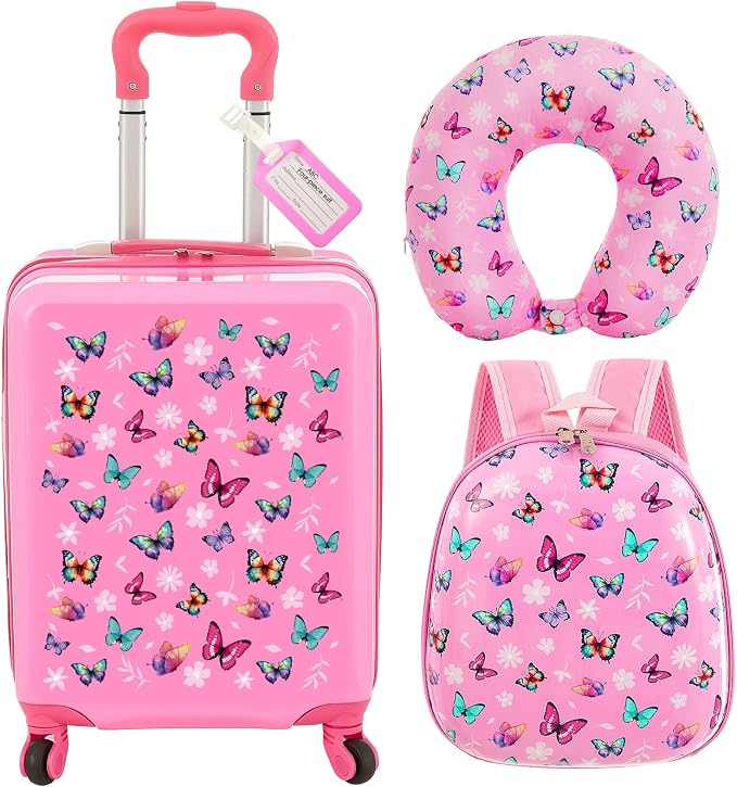 Sanwuta 4 Pcs Kids Luggage Set Back to School Gifts for Girls Boys Carry On Rolling Suitcase Backpack Neck Pillow Travel Set(17 Inch,Butterfly Style,Rose Pink) by Sanwuta