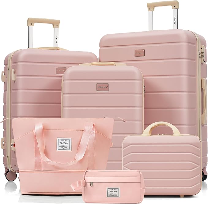 Hardshell Luggage Sets, Lightweight Stripes Suitcases with Spinner Wheels, Pink 6pcs by Merax