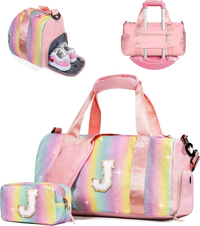 Gifts for Niece-Girl Gym Bag with Shoe Compartment, Kid Personalized Weekender Overnight Bags, Initial Travel Tote with Makeup Pouch, Birthday Gift for Sister Granddaughter (Letter J) by Vogewood
