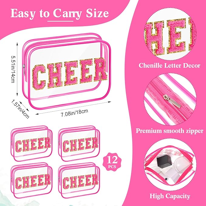 Kacctyen 12 Pack Cheer Clear Makeup Bags Bulk with Chenille Cheer Letter Patch Small Waterproof Cosmetic Pouch Zipper Travel Toiletry Bag Organizer for Women Girls Cheerleading Team Gift, Hot Pink - Image 3