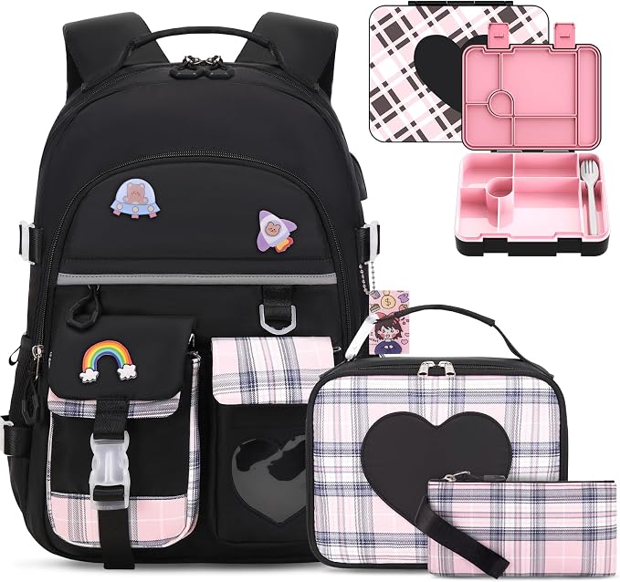 ACESAK Girls Backpack - Bento Box with Insulated Lunch Bag Pencil Case & Utensils Set for Kids, 6 Leakproof Compartments Removable Tray Lunches or Snack Container for School (Black) by ACESAK