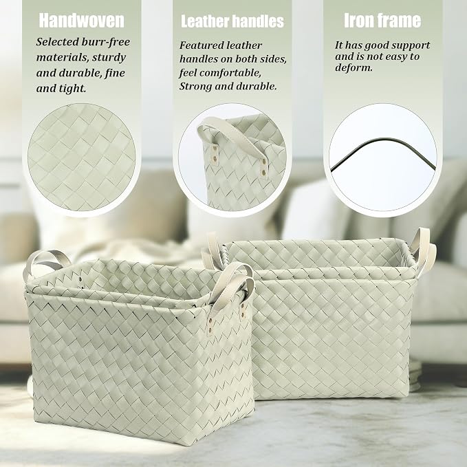 BROWNLILY Handwoven Clothes Basket Laundry Hampers Large Wicker Storage Baskets for Shelves Blankets Closet Storage Bins Car Bedroom Bathroom Organizers and Storage Bath (Pack of 4, Green) - Image 2