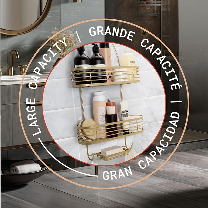 ACENTO Hanging Shower Caddy, 3-Tier Bathroom Shower Organizer, Powder-Coated Steel with Suction Cups & Built-In Hooks, Modern Bathroom Storage, Gold - Image 6