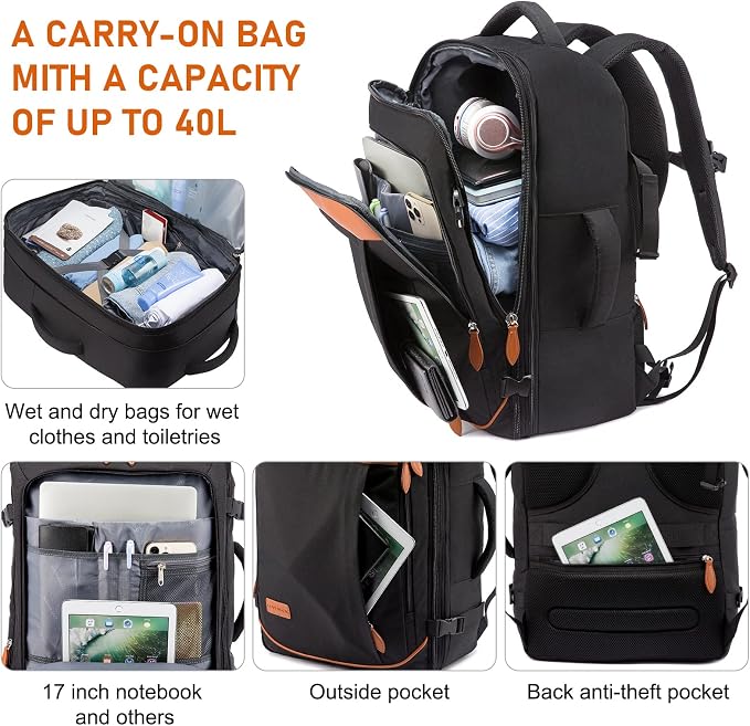LOVEVOOK Carry on Backpack, 45L Large Travel Backpack for Women Men Airline Approved, Expandable Large Suitcase Backpacks With 4 Packing Cubes, Aer Travel Pack 3, Water Resistant Weekender Bag - Image 5