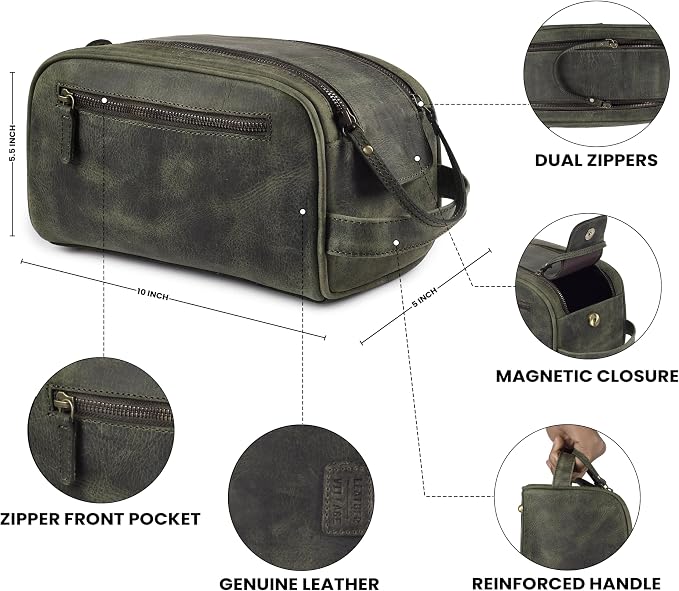 LEATHER VILLAGE Genuine Leather Toiletry Travel Pouch With Waterproof Lining - Olive | King-Size Handcrafted Vintage Dopp Kit Bag, Shaving & Bathroom Organizer, Gift for Men & Women - Image 4