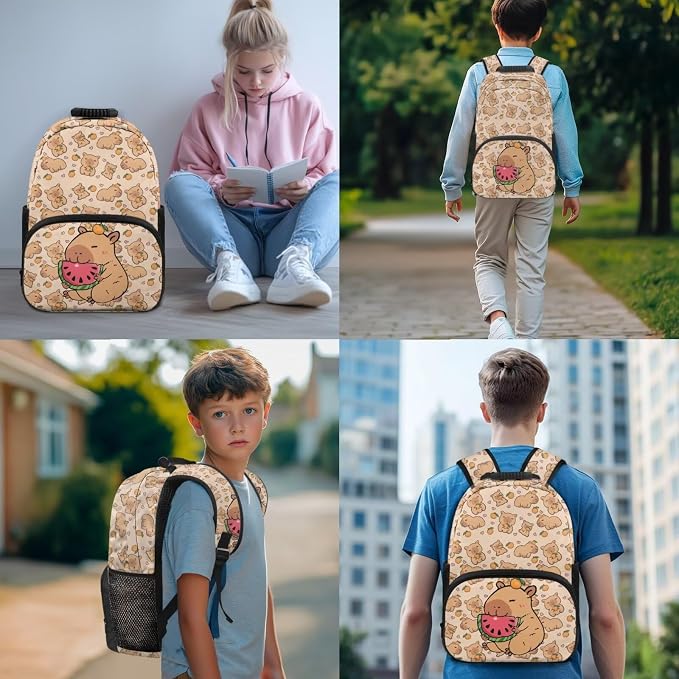 Cute Capybara Backpack Set for Boys Girls 4 Pieces School Backpack with Lunch Box & Pencil Case Pouch Water Bottle Sling Bag for Preschool Elementary Bookbag Set - Image 3