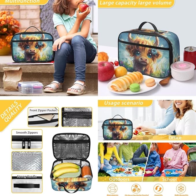 Highland Cow Backpack and Lunch Box Kids School Bag with Lunch Bag for Girls 10-12, 3 in 1 Book Bags Lunchboxes Pencil Case for School, School Backpacks for Primary Girl - Image 5