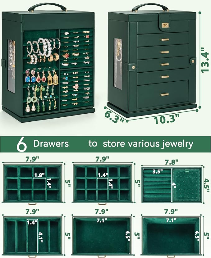 AKOZLIN 6-Tier Jewelry Box Organizer Functional 5 Drawers Leather Jewelry Storage Case for Women Girls Ring Necklace Earring Bracelet Holder Organizer with Mirror XL Green 360° Rotating - Image 3
