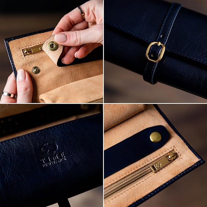 Time Resistance Leather Jewelry Roll - Full Grain Leather Travel Jewelry Case - Jewellery Organizer Made in Italy (Blue) - Image 5