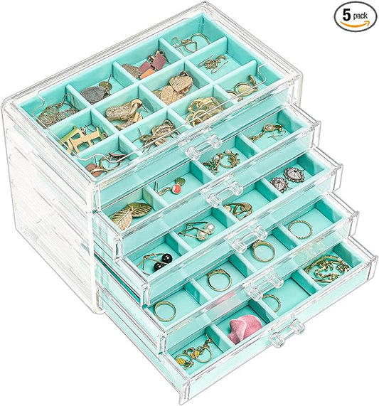 ProCase Earring Holder Organizer Jewelry Box with 5 Drawers, Acrylic Clear Earring Case with Adjustable Velvet Trays for Women - Aqua, 5 Layers by ProCase