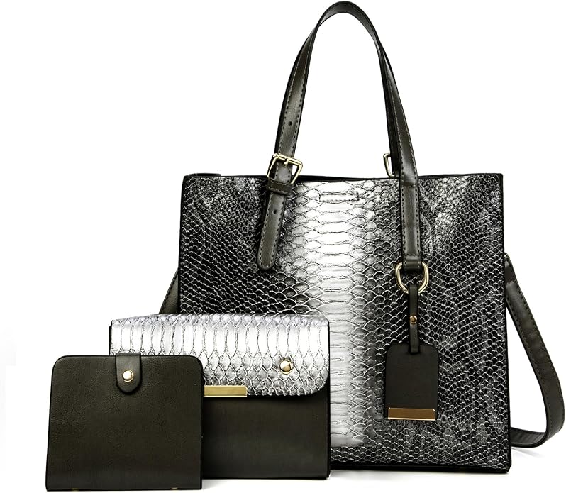 KingTo Women's Crocodile Pattern Satchel Handbags Stylish Tote Handbags crocodile purses for women 3 Pcs Set (B-blue) by KingTo