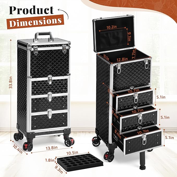 Rolling Makeup Train Case with 3 Drawers, Nail Trolley Cart Salon Station Cosmetology Case on Wheels Organizer Cases for Nail Tech,SPA,Face Painting,Hairstylist,Makeup Artist (Silver & Black) - Image 6