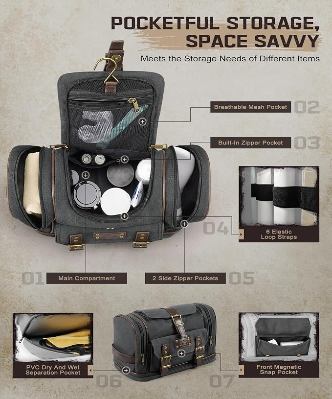 ARCFOX Travel Hanging Toiletry Bag for Men, Vintage Canvas Large Toiletry Bag with 7 Compartments, Camping Gym Travel Toiletry Kit Organizer with PVC Wet & Dry Pockets, Personalized Wash Bag, Black - Image 4