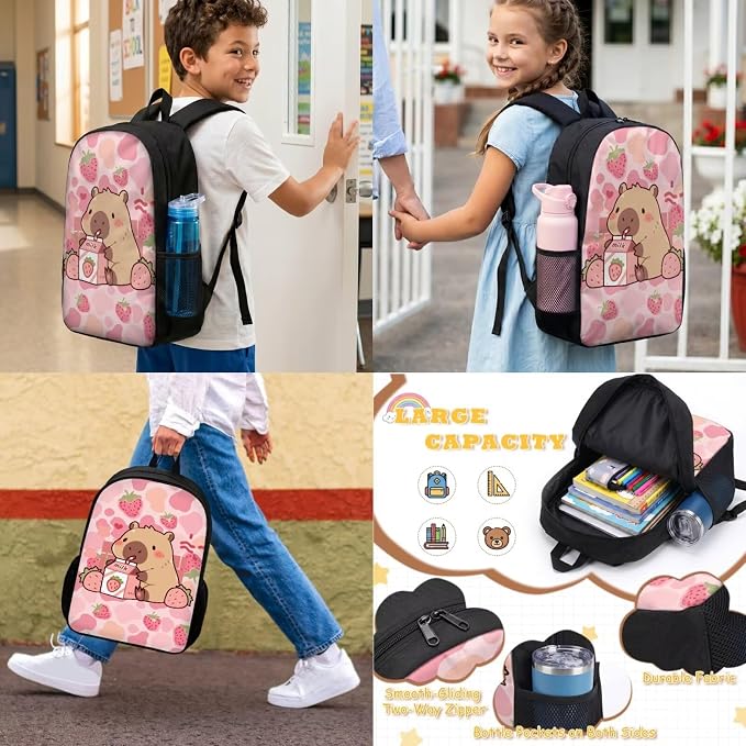 Cute Capybara Backpack for School Girls 2nd Grade : 17in Strawberry Bookbag with Lunch Box - 4 in 1 Cow Print Book Bag - Cowgirl Set for Kids 6-8-10 - Image 3