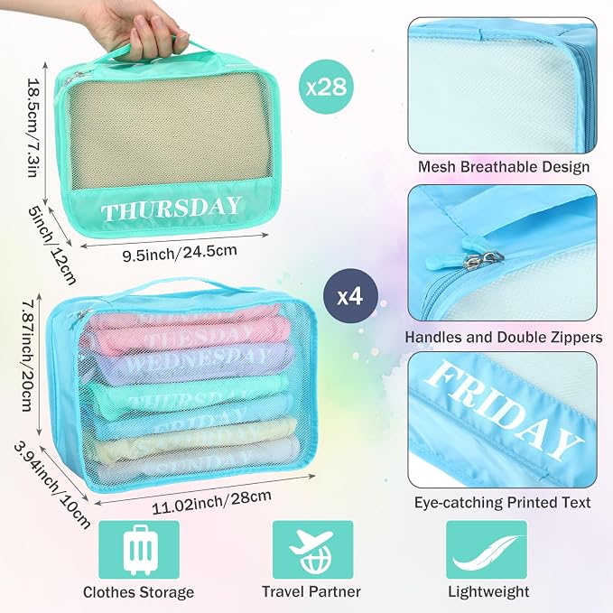 Days of Week Packing Cubes Summer Camp Essentials Weekly Organizer Storage Bag School Clothes for Travel Kids Family(9x7x3inch,Macaron,32) - Image 3
