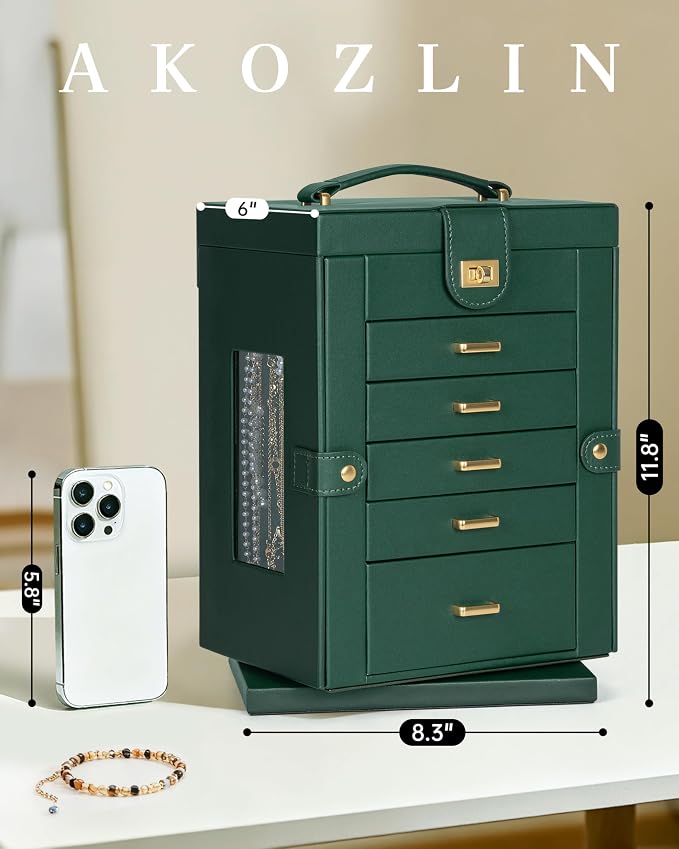 AKOZLIN 6-Tier Jewelry Box Organizer Functional 5 Drawers Leather Jewelry Storage Case for Women Girls Ring Necklace Earring Bracelet Holder Organizer with Mirror Green 360° Rotating - Image 2