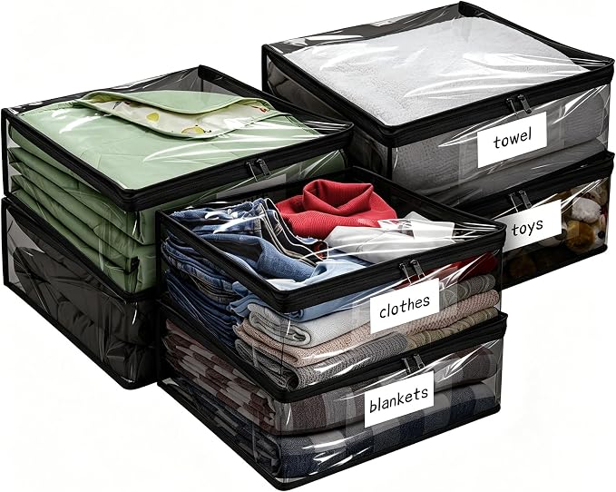 Plastic Storage Bags with Easy-Glide Zipper, Pack of 6, Durable Clear Vinyl Zippered Storage Bags for Clothes Sweaters Comforters Blankets Sheets Bedding (18 x 15 x 4 Inch, Black) by Kikerike