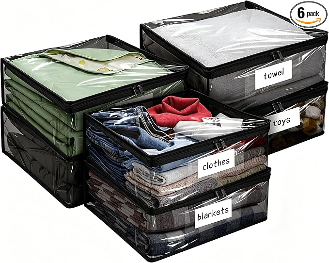 Plastic Storage Bags with Easy-Glide Zipper, Pack of 6, Durable Clear Vinyl Zippered Storage Bags for Clothes Sweaters Comforters Blankets Sheets Bedding (15.7 x 13.8 x 3.9 Inch, Black) by Kikerike