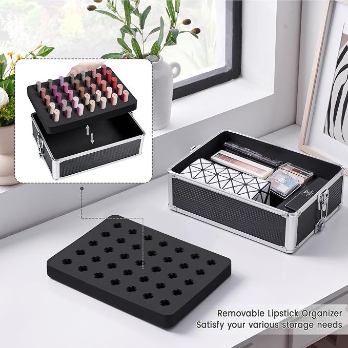 Yaheetech 5 in 1 Rolling Makeup Train Case, Lockable Black Cosmetology Cart | Extra large aluminum-trimmed nail storage cart with detachable tiers, a lipstick organizer, shoulder strap and smooth wheels - Image 5