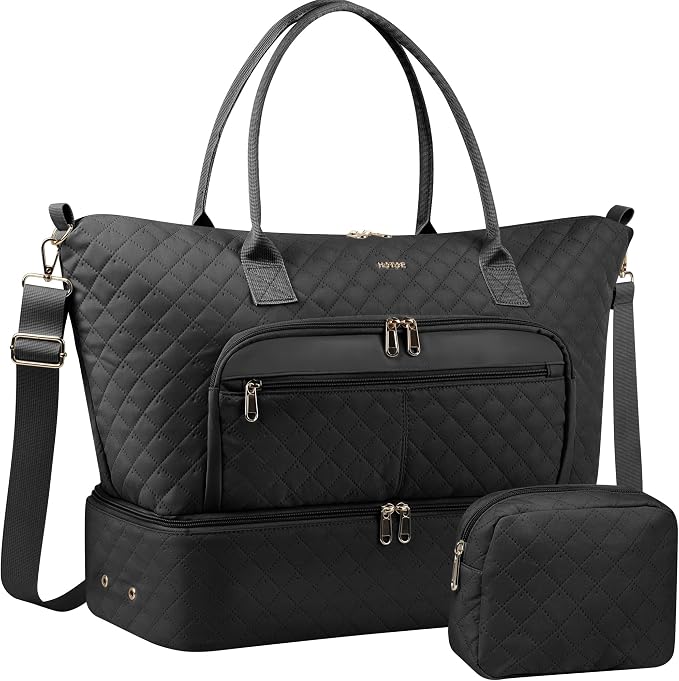 HOTOR Travel Duffle Bag for Women - Carry on Bag with Toiletry Pouch & Shoe Compartment, Large Overnight Weekender Bags for Gym, Business Trips, Sports and Hospital, Black, 17.3" x 7.9" x 13.4" by HOTOR