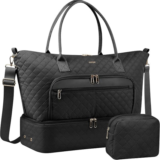 HOTOR Travel Duffle Bag for Women - Carry on Bag with Toiletry Pouch & Shoe Compartment, Large Overnight Weekender Bags for Gym, Business Trips, Sports and Hospital, Black, 17.3" x 7.9" x 13.4" by HOTOR