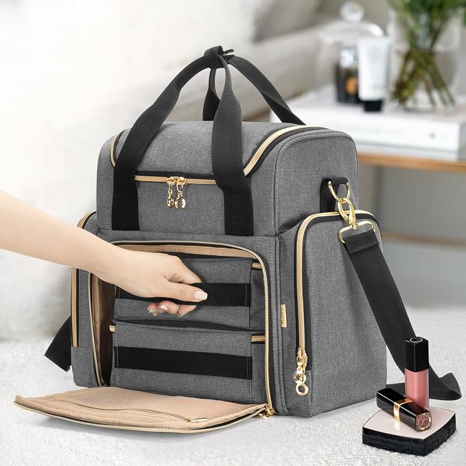 LUXJA Travel Makeup Bag with 2 Removable Makeup Cases, Gray | Large Cosmetic Bag with Multiple Storage Sections, 3 Detachable Dividers, Detachable Shoulder Strap, Trolley Sleeve - Image 5